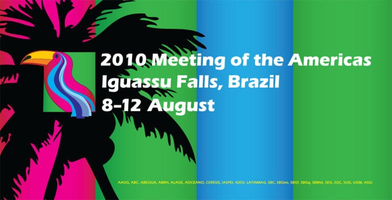 Colorful tropical event banner with palm trees for 2010 Americas meeting in Brazil.