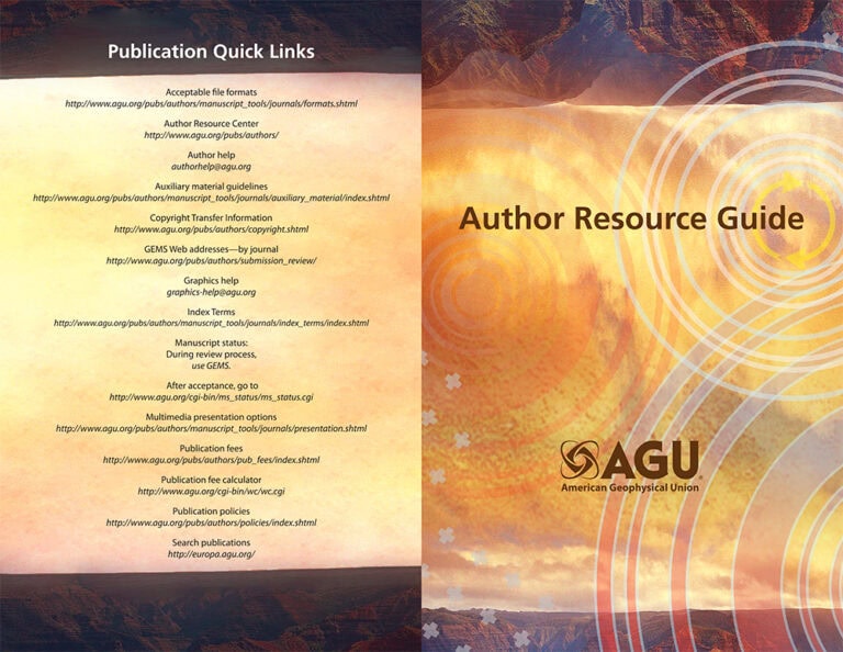 Cover of a geoscience author resource guide with abstract orange and yellow background.
