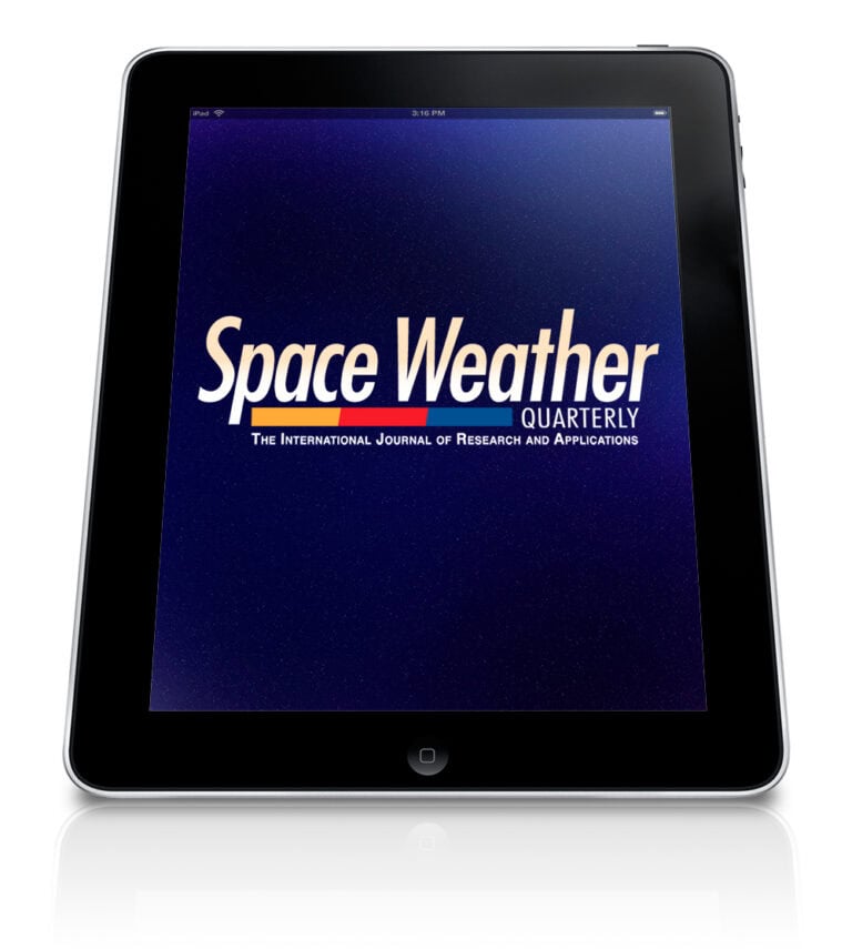 Digital tablet displaying Space Weather Quarterly journal cover for branding and marketing inspiration.