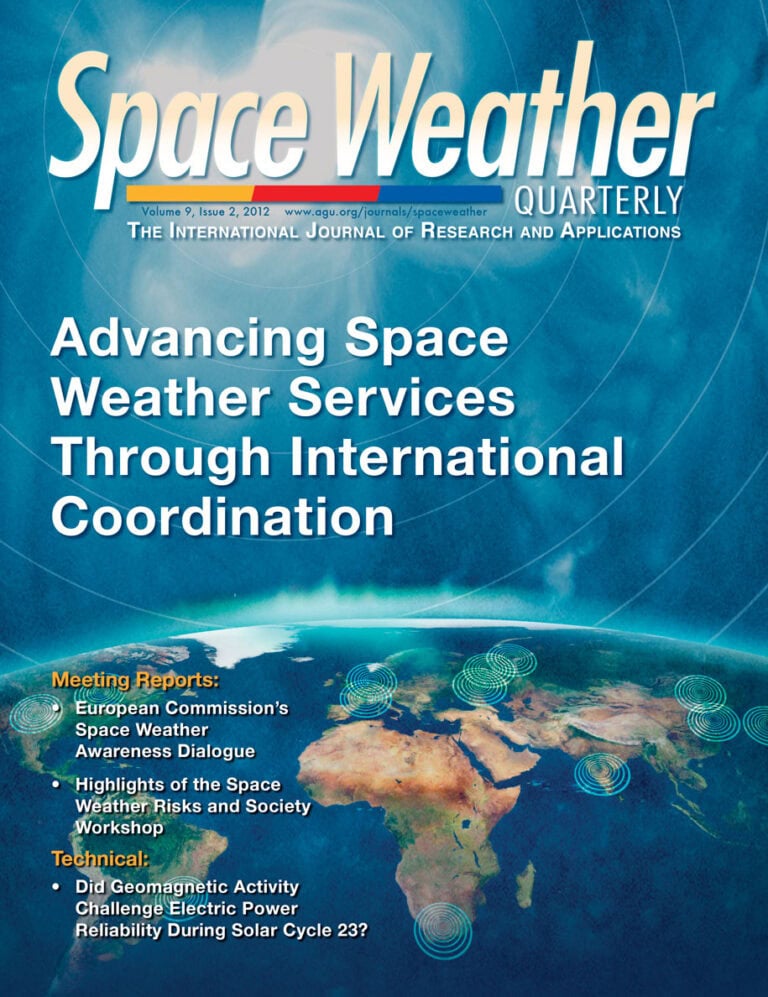 Aerospace themed magazine cover with space weather graphics and globe illustration.