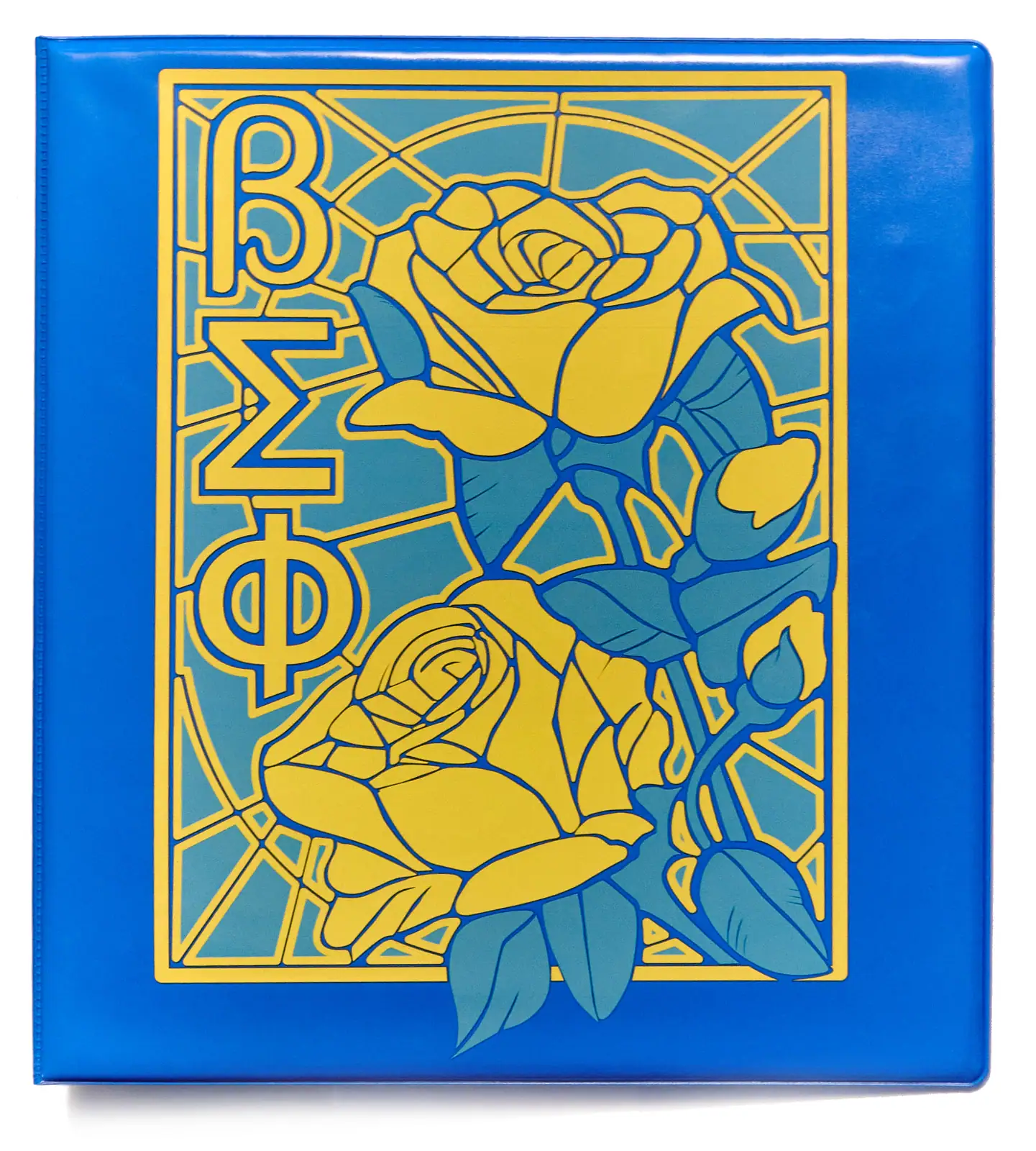 Bright blue and yellow artistic graphic design with roses and geometric elements for corporate branding.