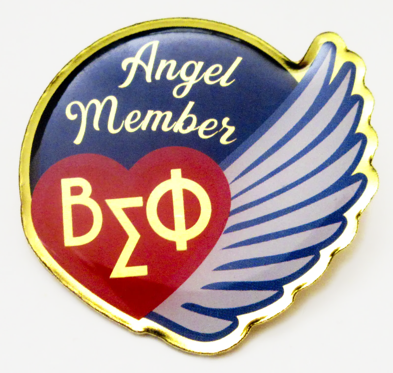 Special member enamel pin featuring a vector angel wing icon for a social organization.