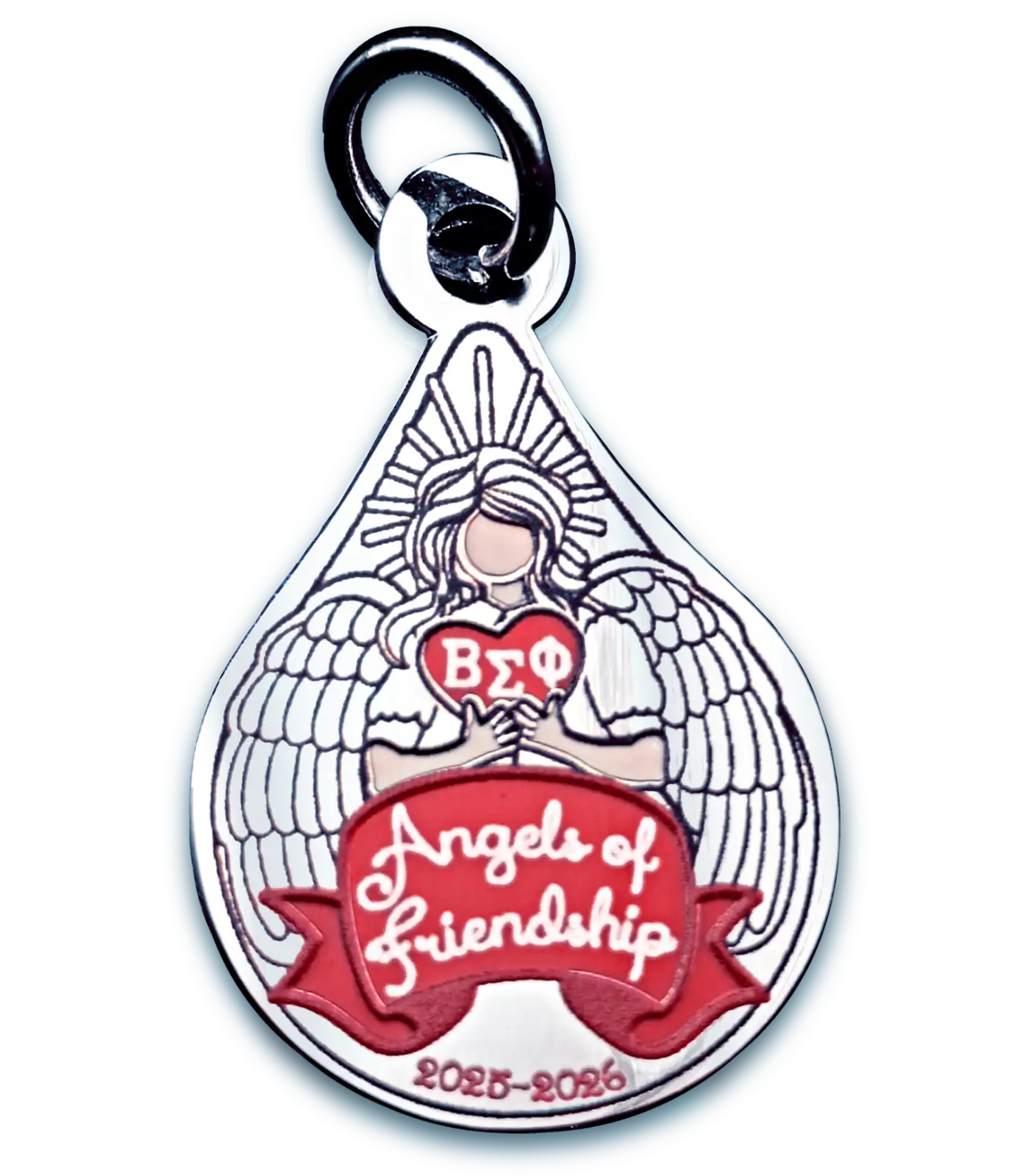 Enamal commemorative charm of an angel holding a heart