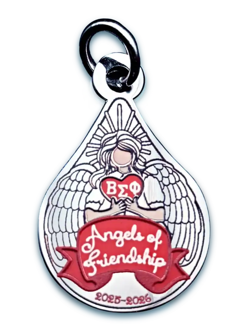 Enamel pin featuring an angel design, created as a commemorative charm for a women’s organization, symbolizing grace, unity, and remembrance.