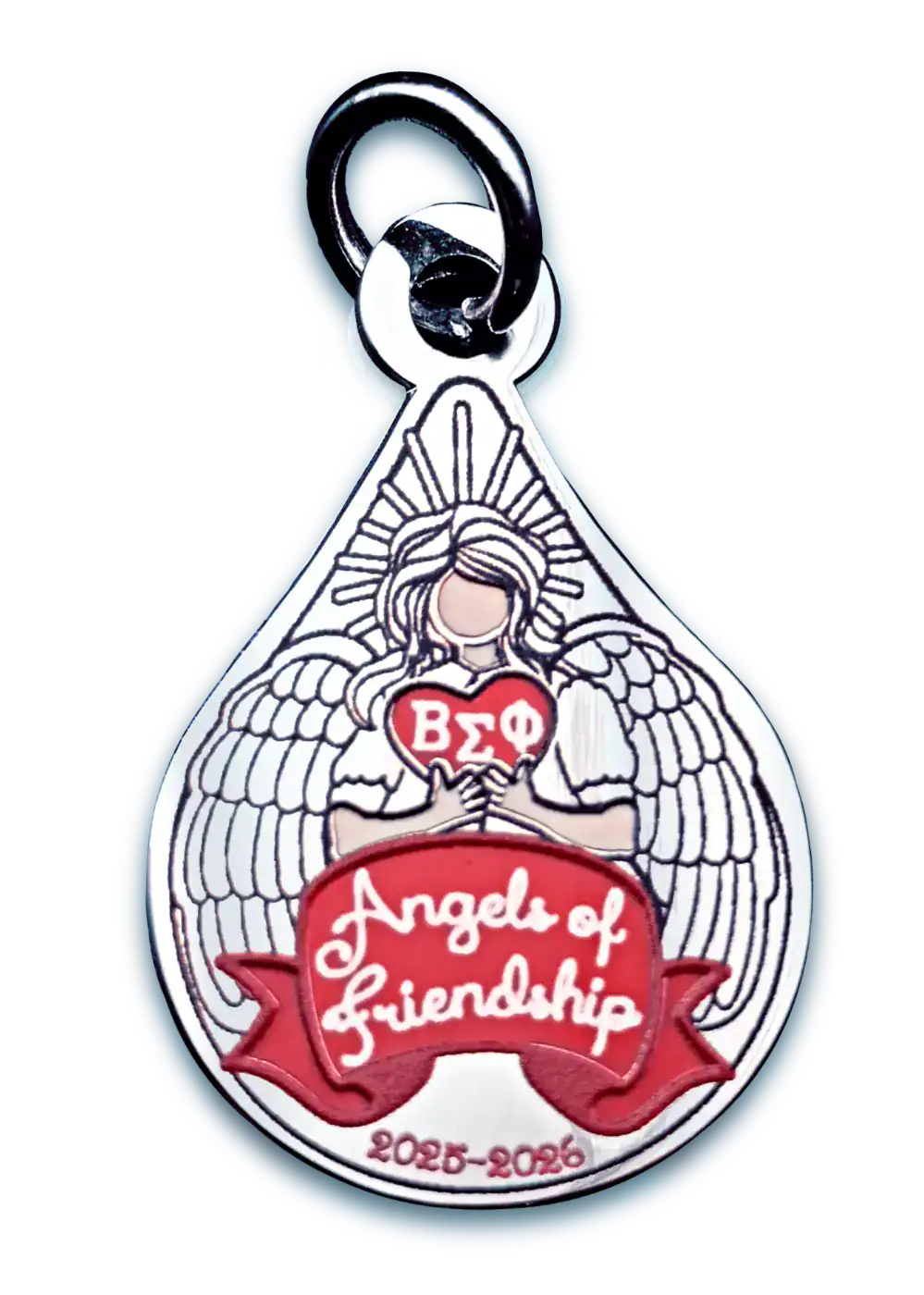 Enamel pin featuring an angel design, created as a commemorative charm for a women’s organization, symbolizing grace, unity, and remembrance.