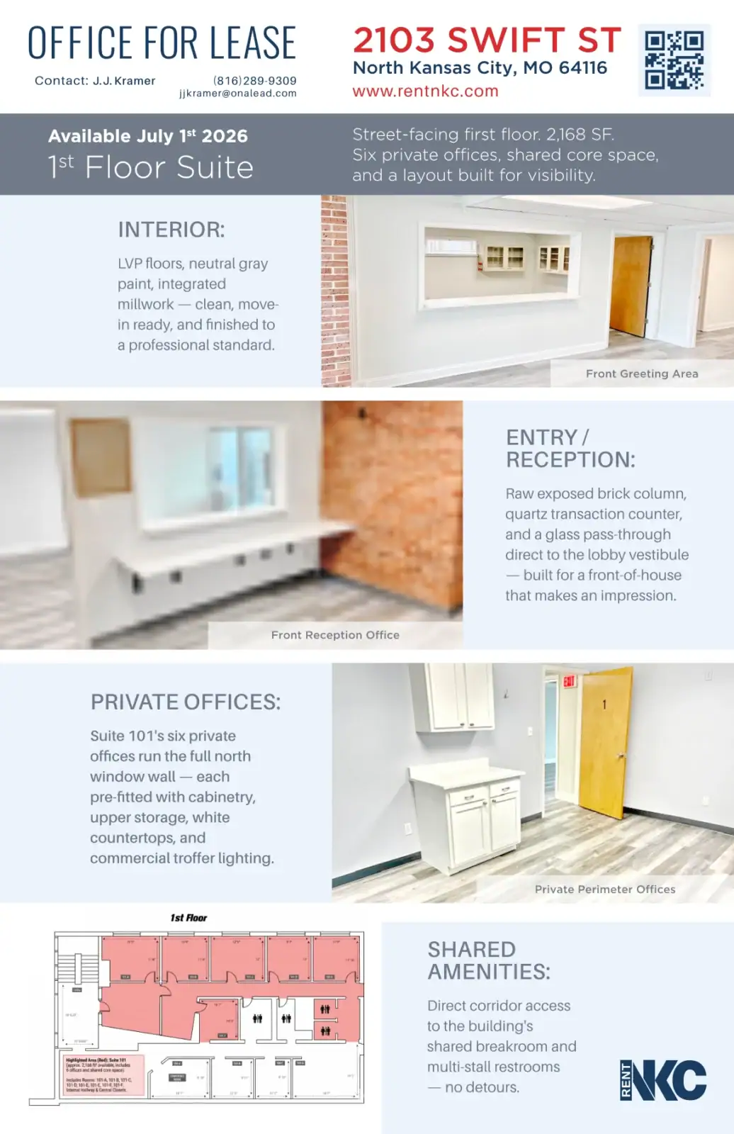 Modern office interior with reception area and private offices, bright and professional.