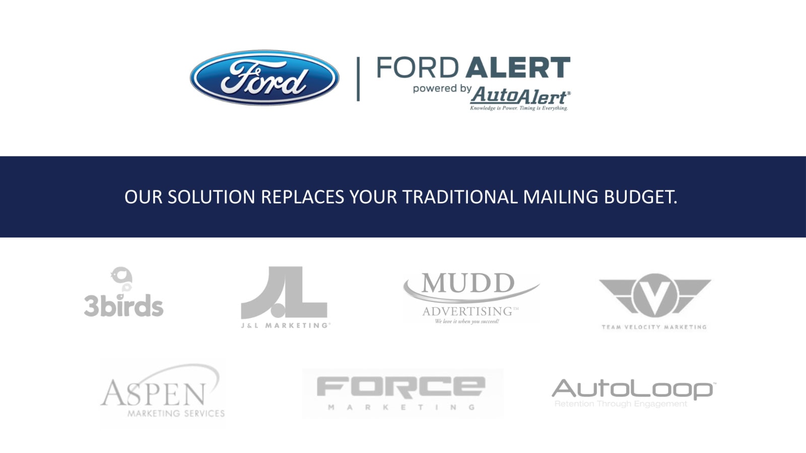 Ford Alert logo with various marketing company logos below.