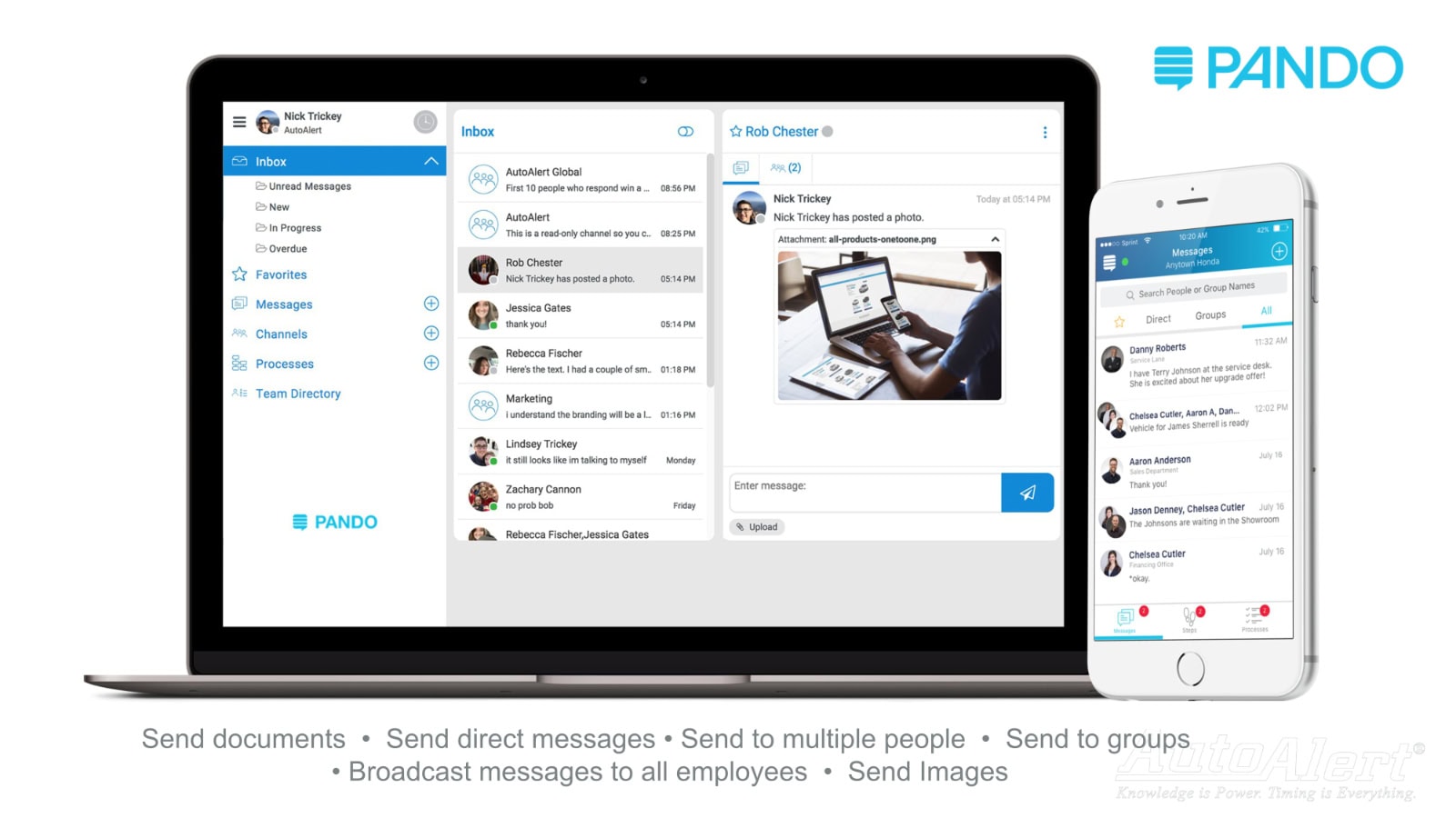 Laptop and smartphone displaying messaging app interface with contact list and messages.