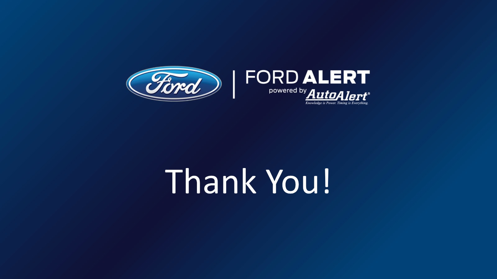 Ford Alert thank you message with logo on a blue gradient background.