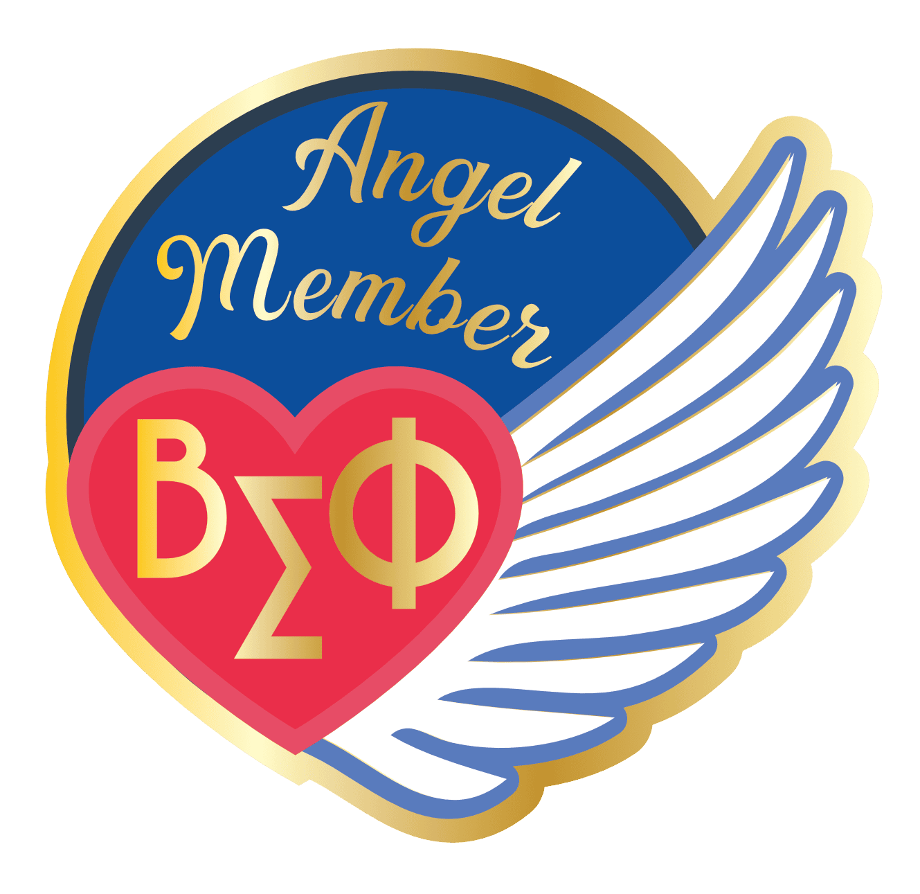 Angel Members logo with Greek letters on a heart, wings, and vibrant colors, symbolizing fraternity branding.