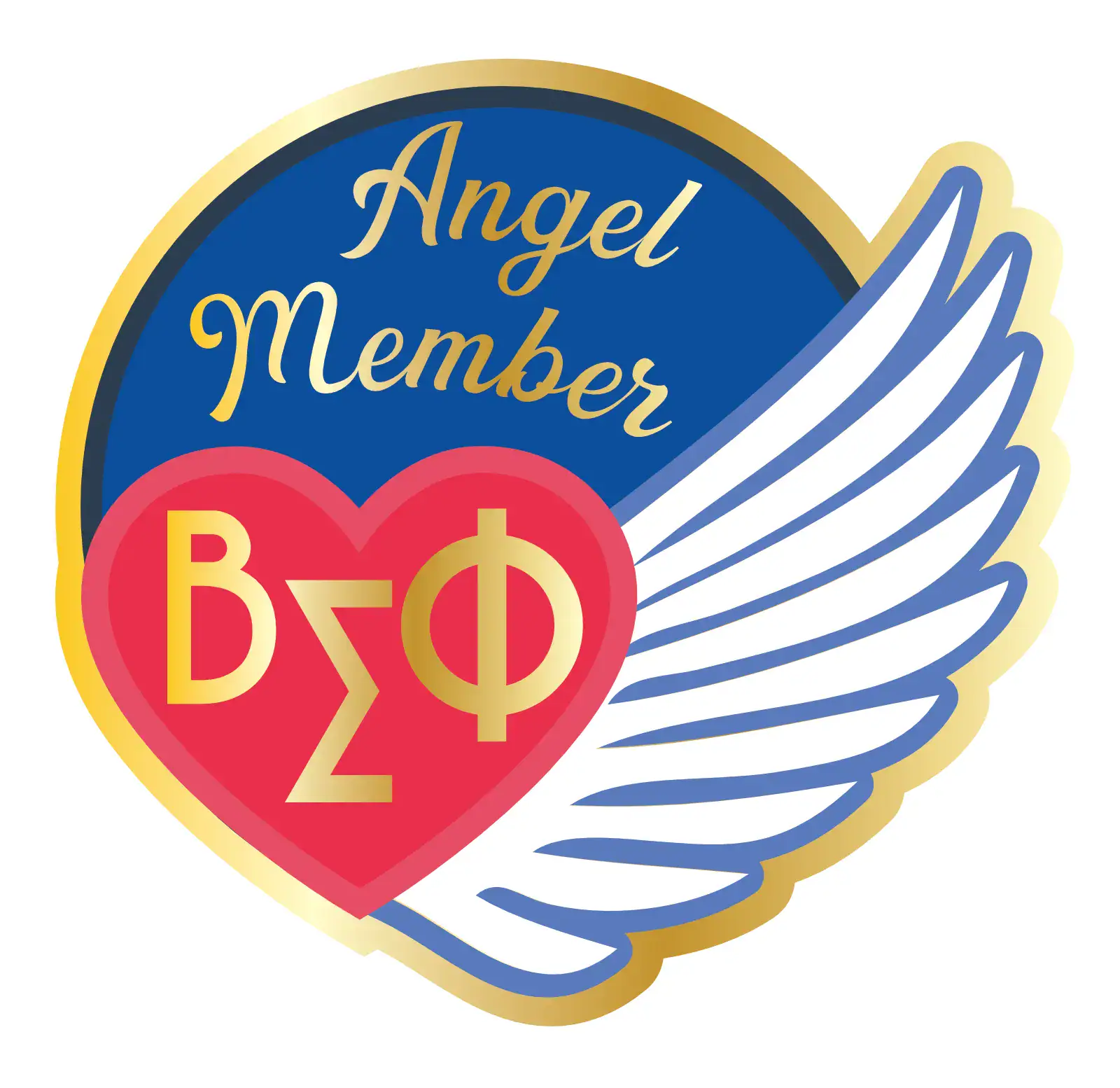 Redesigned commemorative enamel pin featuring an angel wing and heart motif for a social organization.