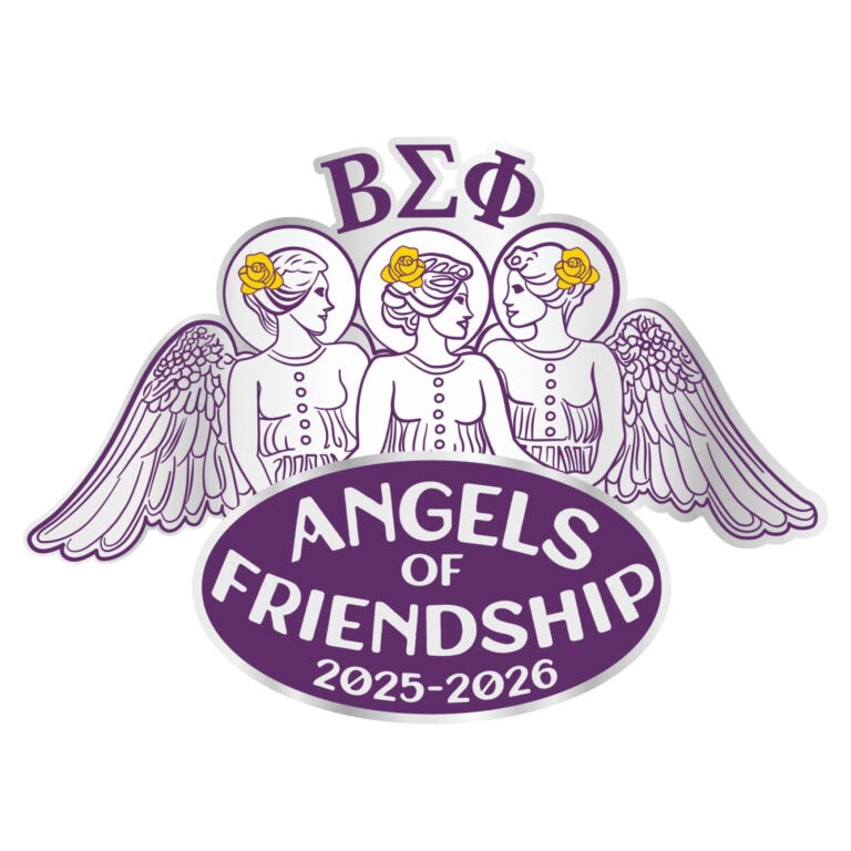 Elegant logo design for Angels of Friendship sorority with angelic figures, flowers, and Greek letters.
