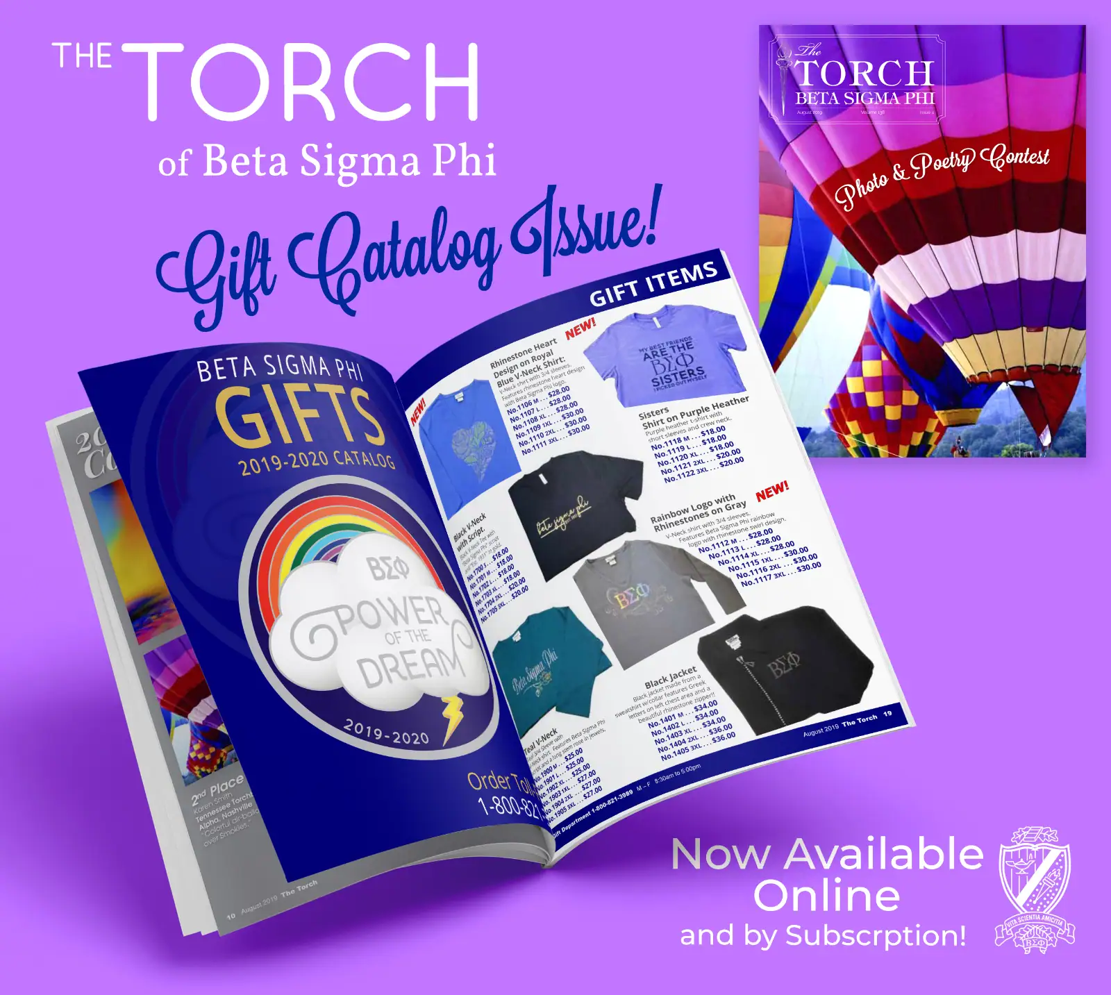 Beta Sigma Phi gift catalog with colorful rainbow and gift items on purple background.