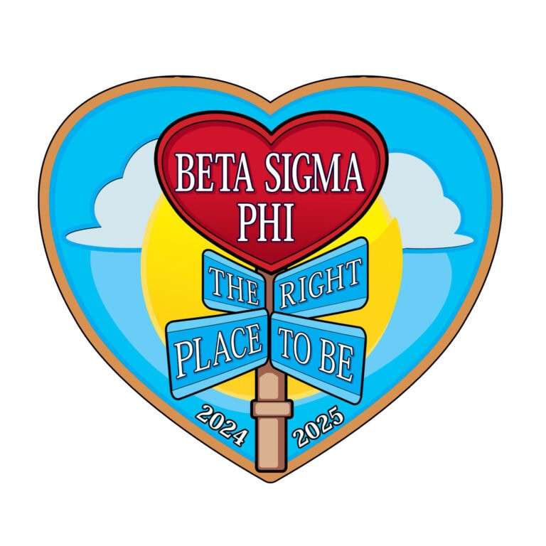 Heart-shaped badge of Beta Sigma Phi sorority with vibrant colors and inspirational message.
