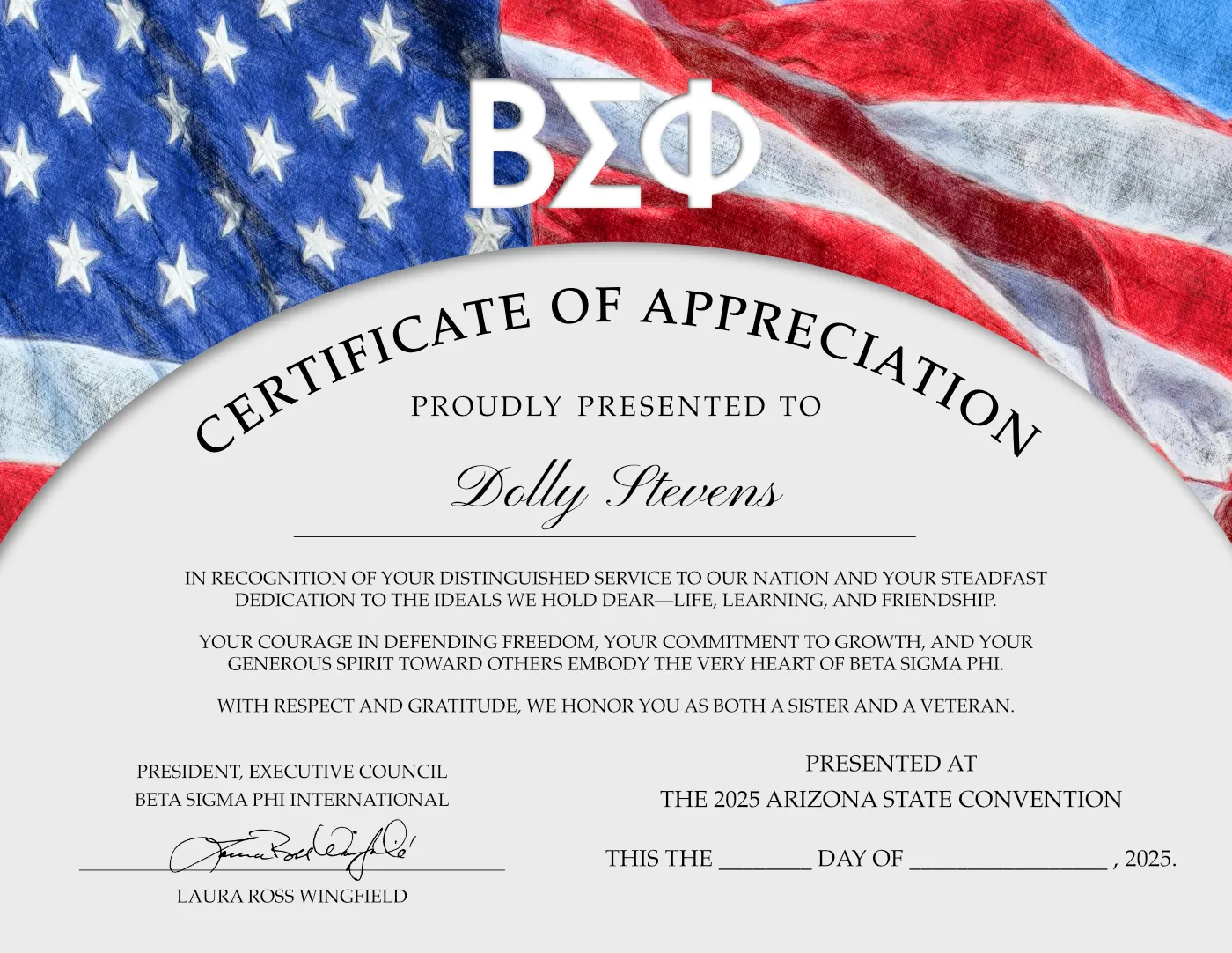 Certificate of appreciation honoring sorority members for their military service.