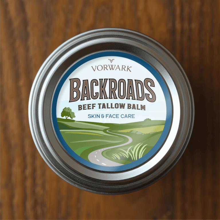 Natural beef tallow balm for skin and face care, in a round tin container.