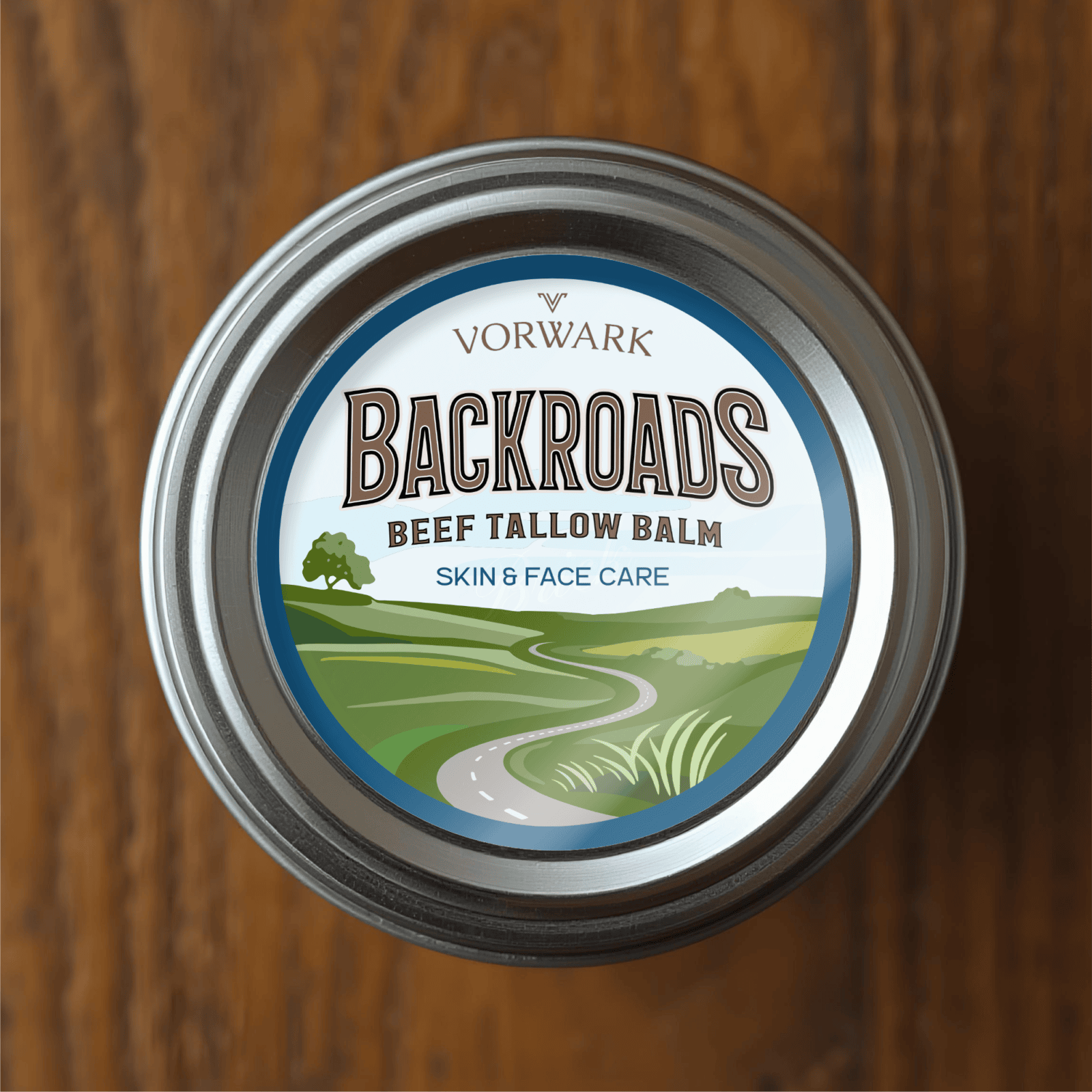 Natural beef tallow balm for skin and face care, in a round tin container.