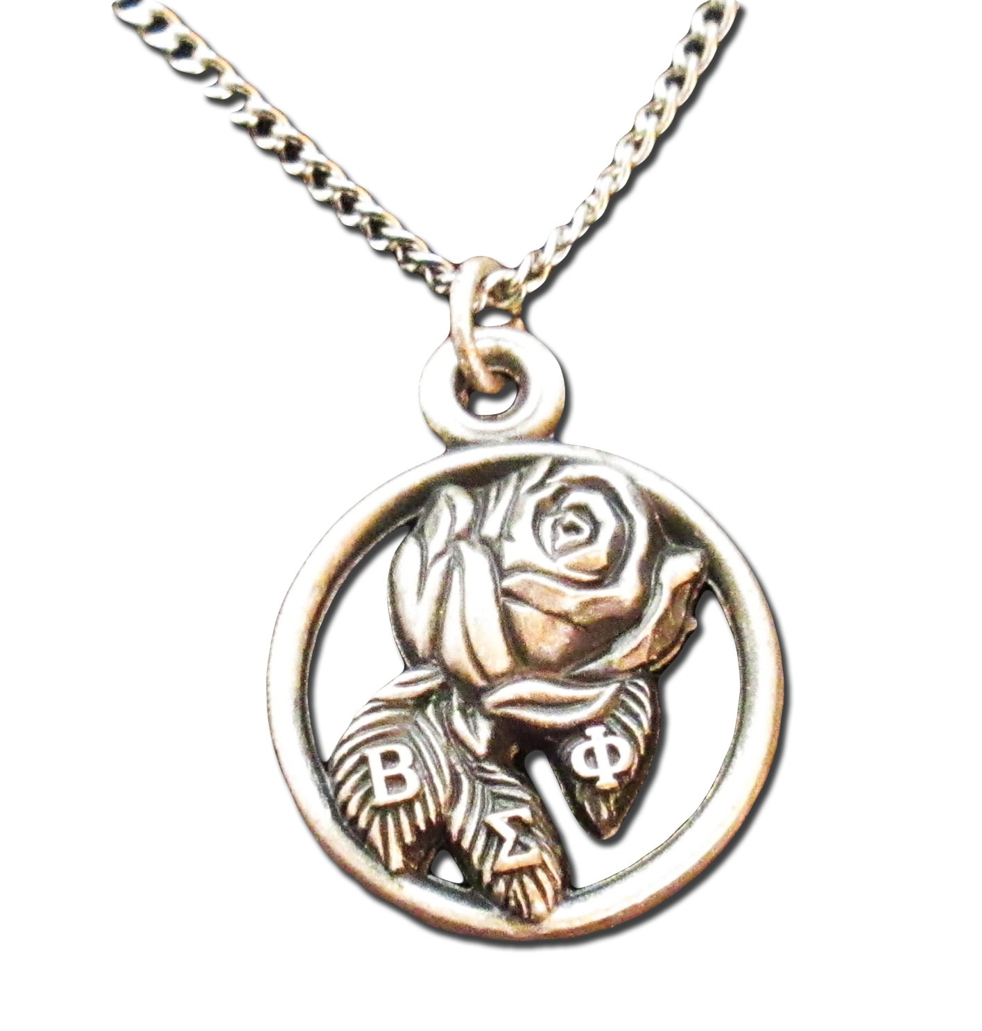 Silver Greek letter Sigma pendant with rose design, on a chain, jewelry, fashion accessory.