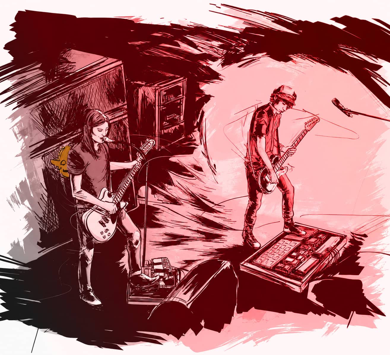 Musicians performing live on stage with guitars and electronic equipment.
