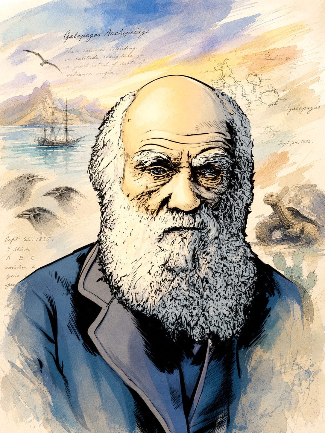 Portrait of a bearded man with a maritime background in watercolor style.