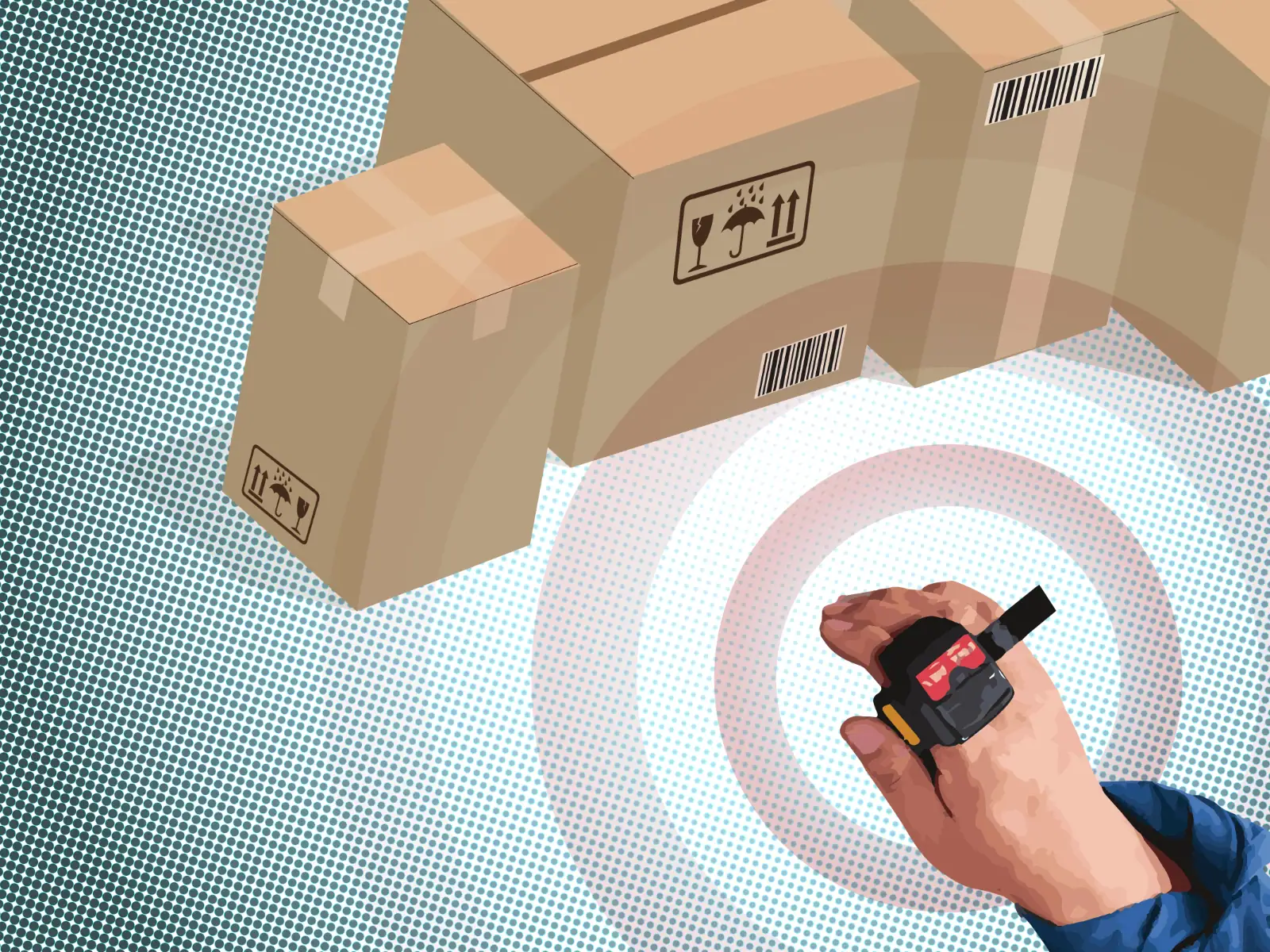 Hand holding a barcode scanner over cardboard boxes in a warehouse setting.