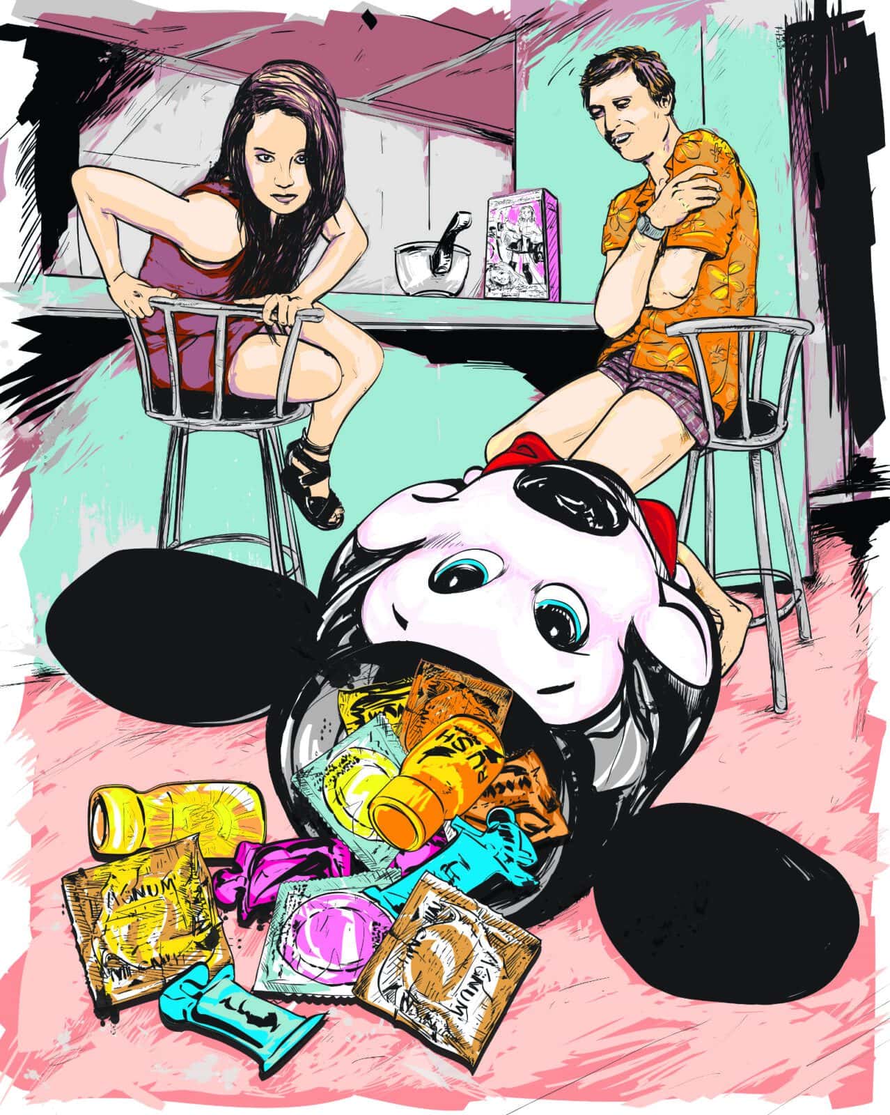 Colorful cartoon of two young people with a giant panda head and snacks.