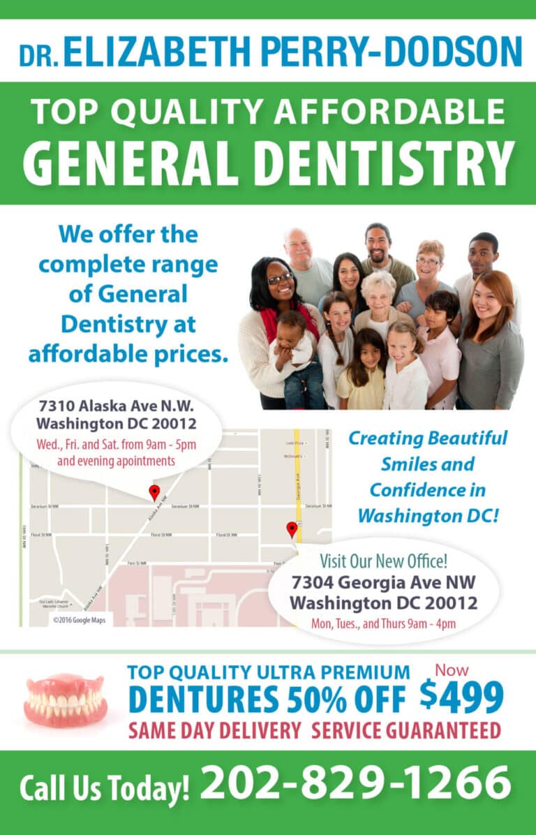 Affordable general dentistry advertising poster with diverse patient group and location map.