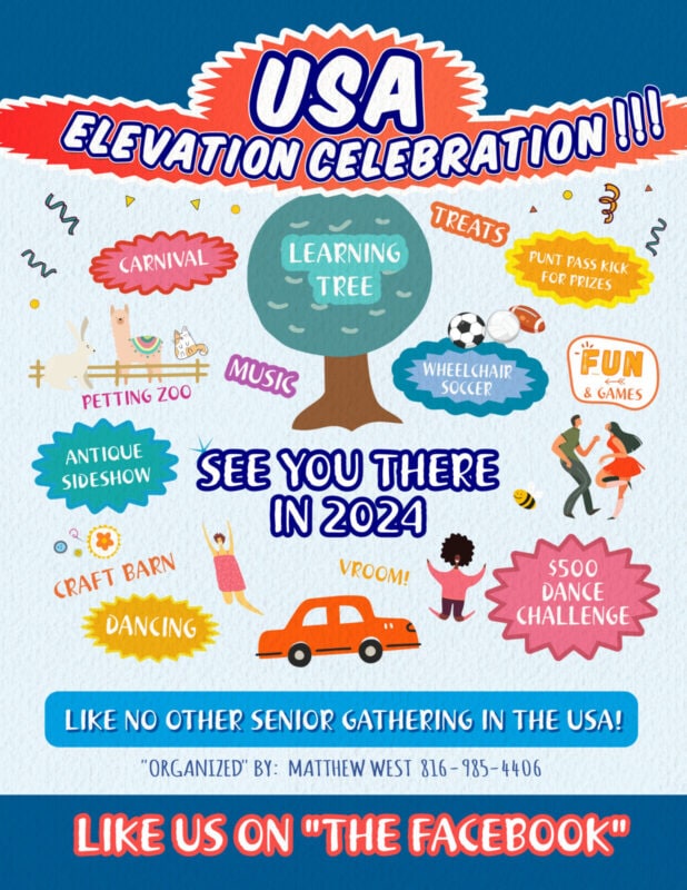 USA elevation celebration with colorful event icons and text.