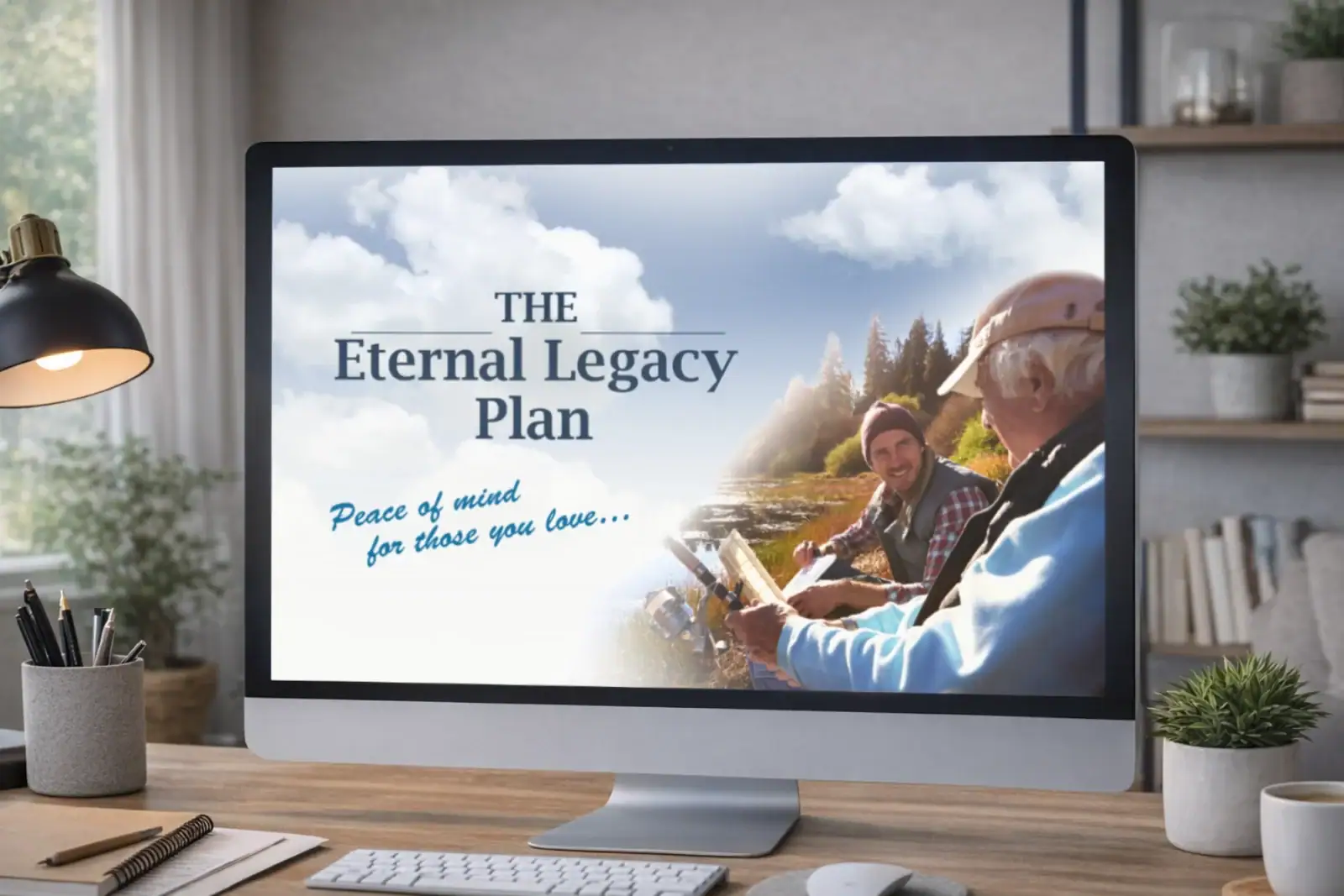 Digital graphic with a computer screen displaying "The Eternal Legacy Plan" and a peaceful outdoor s.