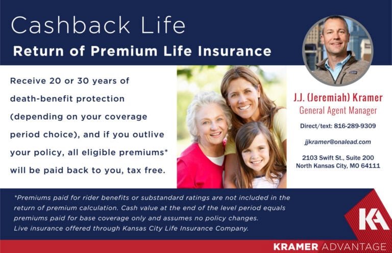 Image showing a smiling family and an agent promoting life insurance benefits.