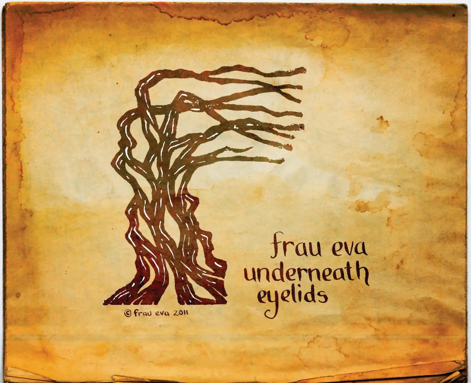 Artistic sketch of a tree with flowing branches and handwritten text on textured background.