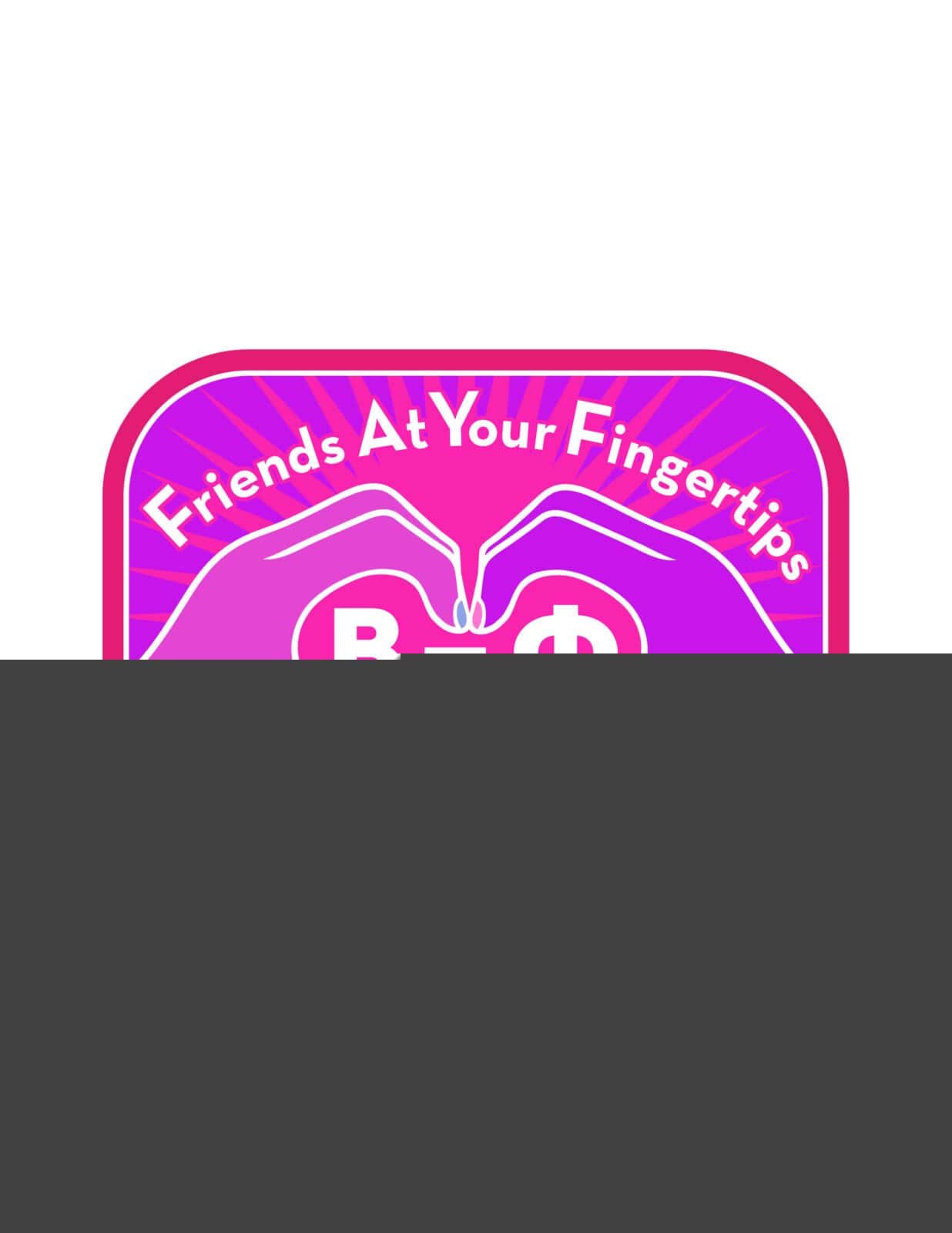 Heart-shaped Greek letters with hands forming the outline, vibrant pink and purple colors, celebrating friendship and fraternity in marketing campaigns.