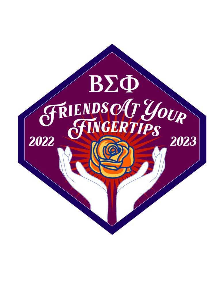 Bold purple and orange graphic design for fraternity's celebratory logo, emphasizing branding and visual impact.