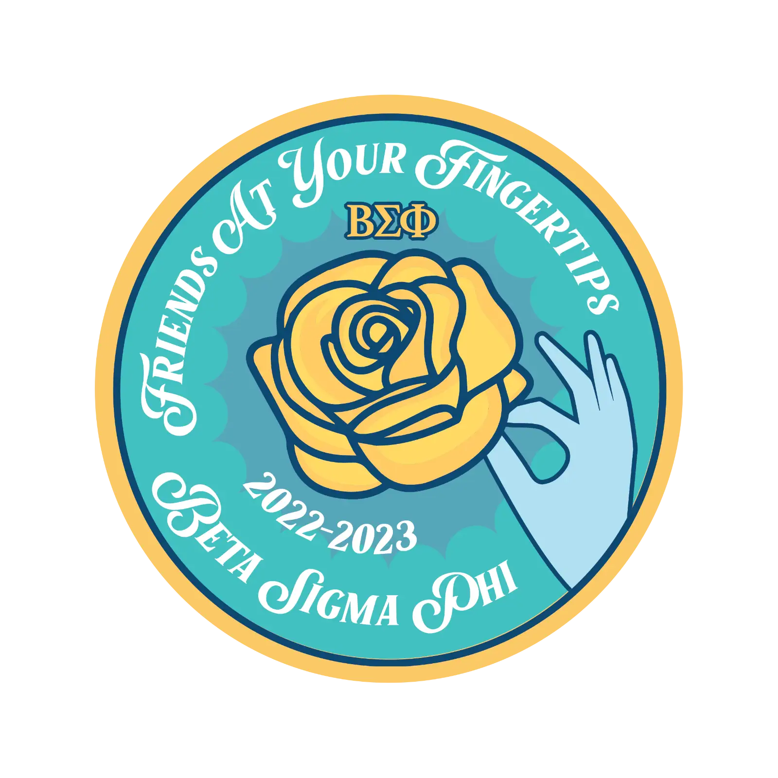 Circular emblem with a yellow rose and a blue hand, featuring Greek letters and text.