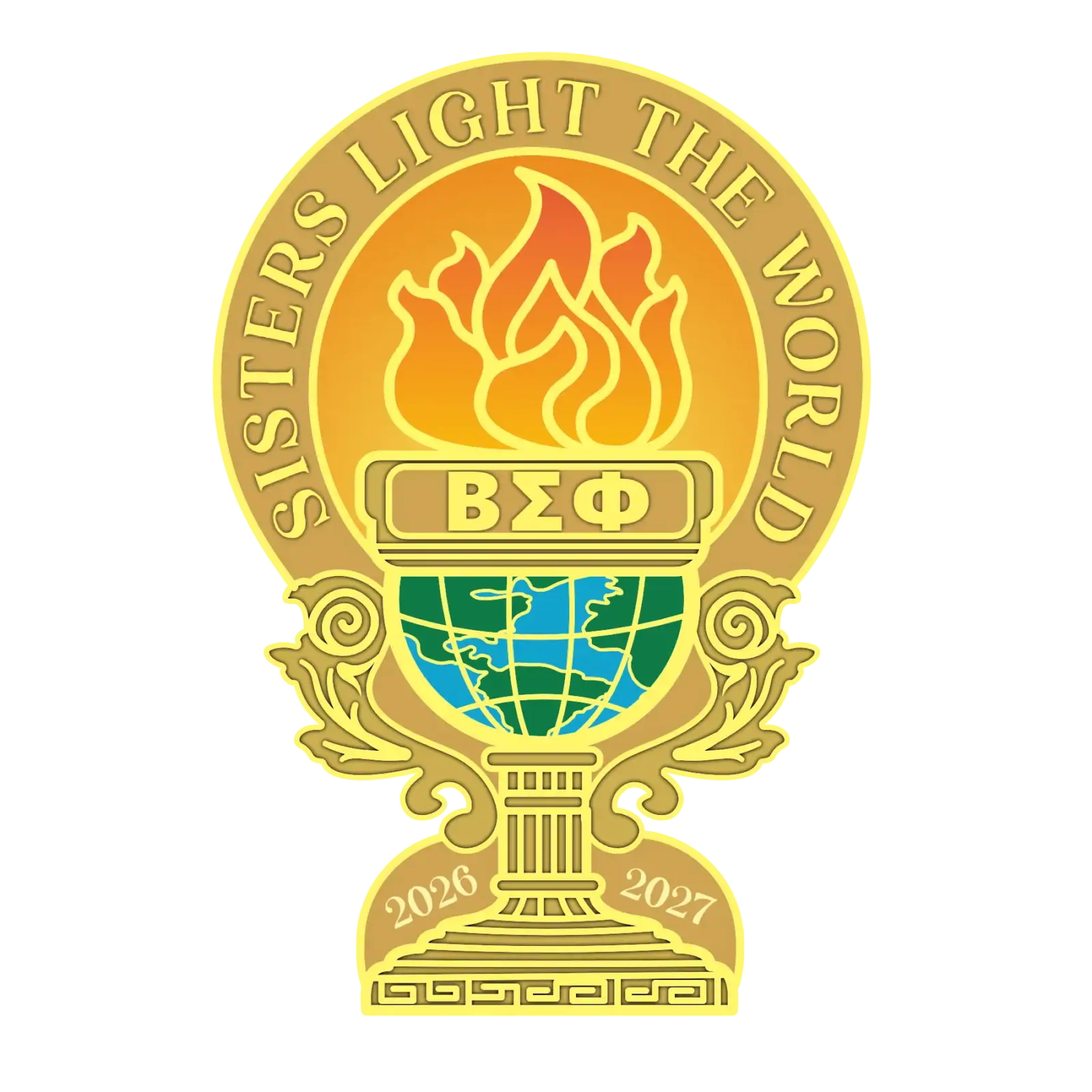 Lighted emblem with flame, globe, and Greek letters, symbolizing global unity and enlightenment in g.