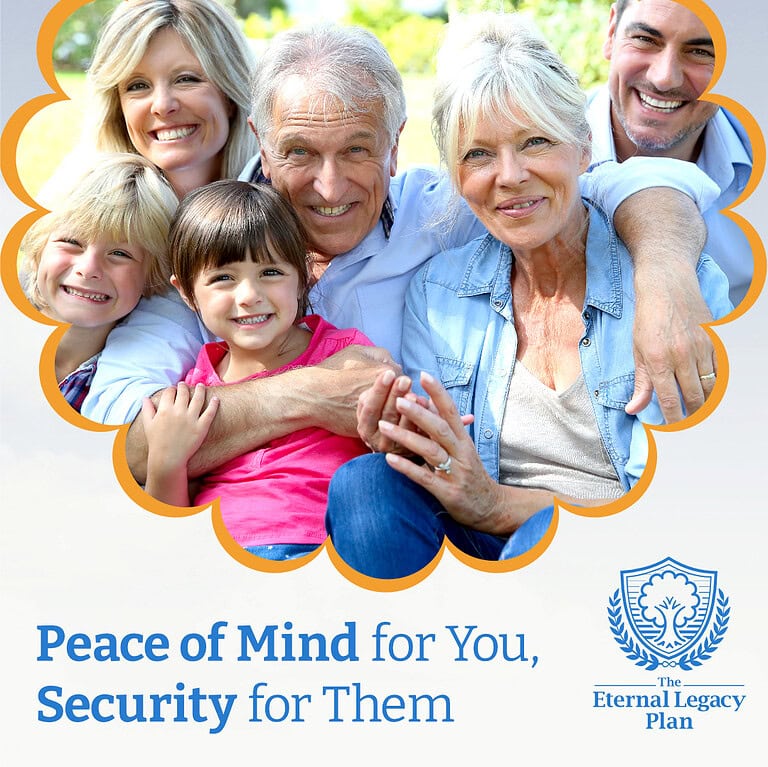 Happy multi-generational family outdoors promoting trust, security, and peace of mind with professional branding.