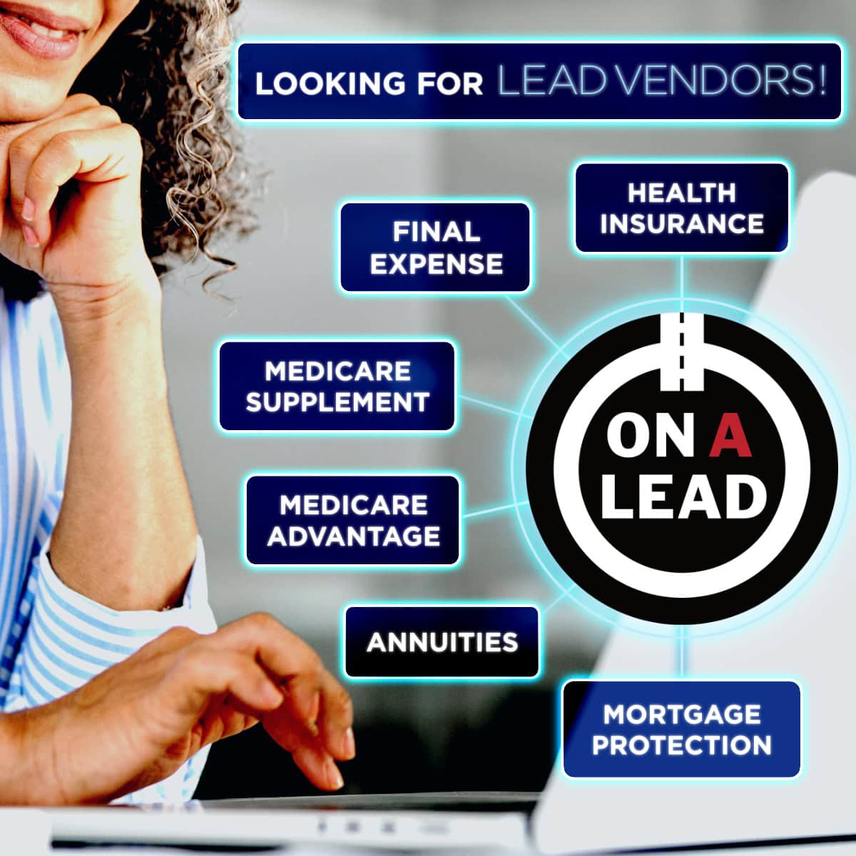 Insurance and financial products lead generation graphic with key terms highlighted.