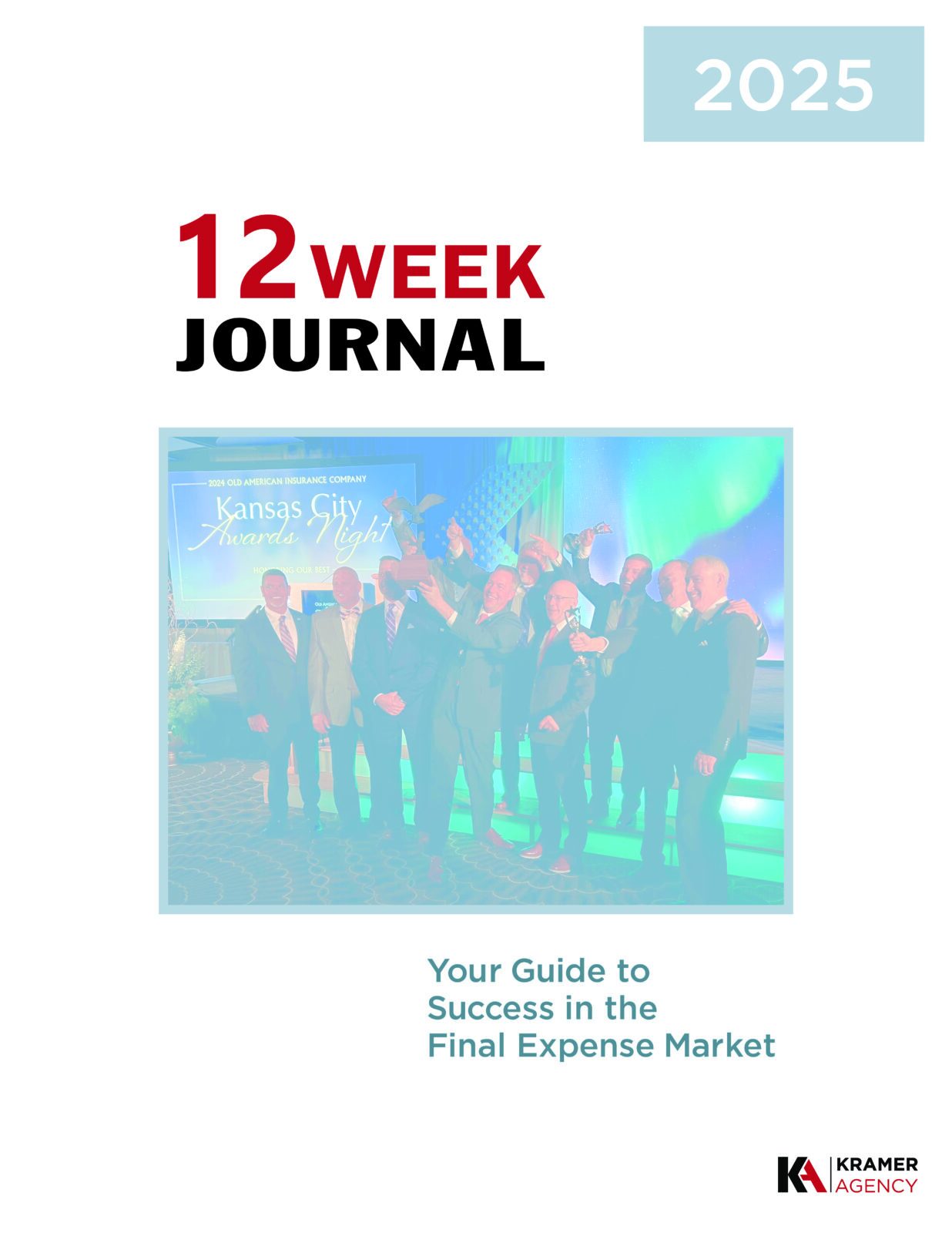 Group of professionals at a corporate event with colorful stage lighting.