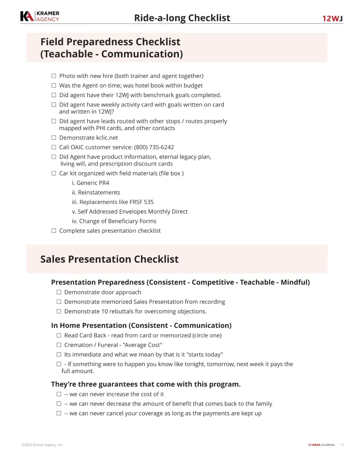 Ride-a-long checklist for event preparedness and sales presentation.