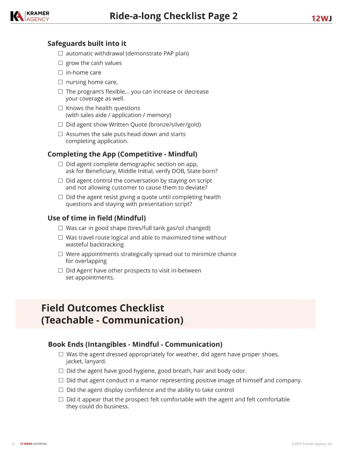 Ride-a-long checklist page with safety, app, field outcomes, and communication tips.