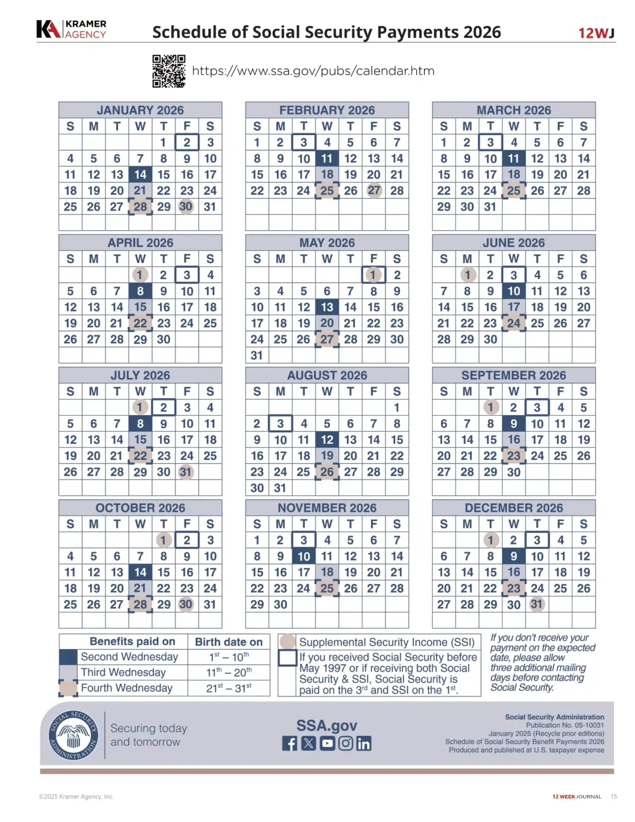 Social security payment schedule calendar for 2026 with monthly dates and benefits info.