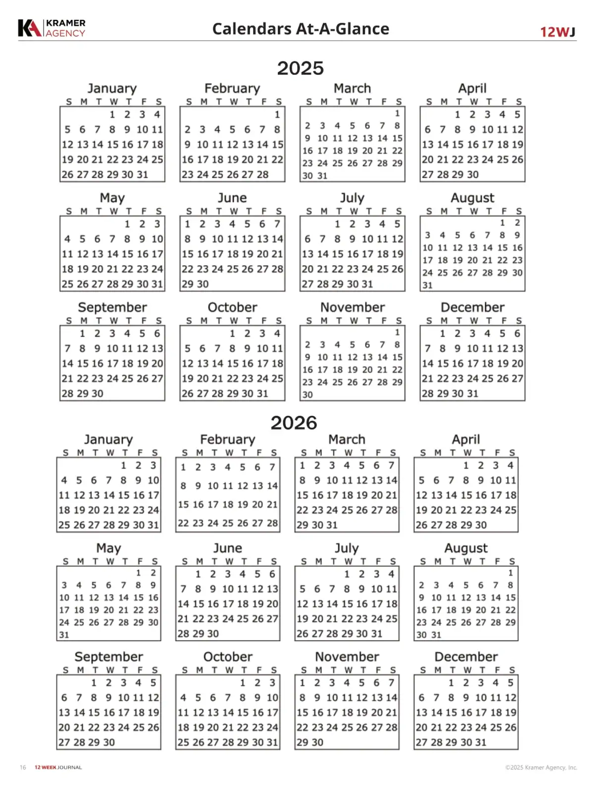 2025-2026 calendar with months and dates in a grid layout.