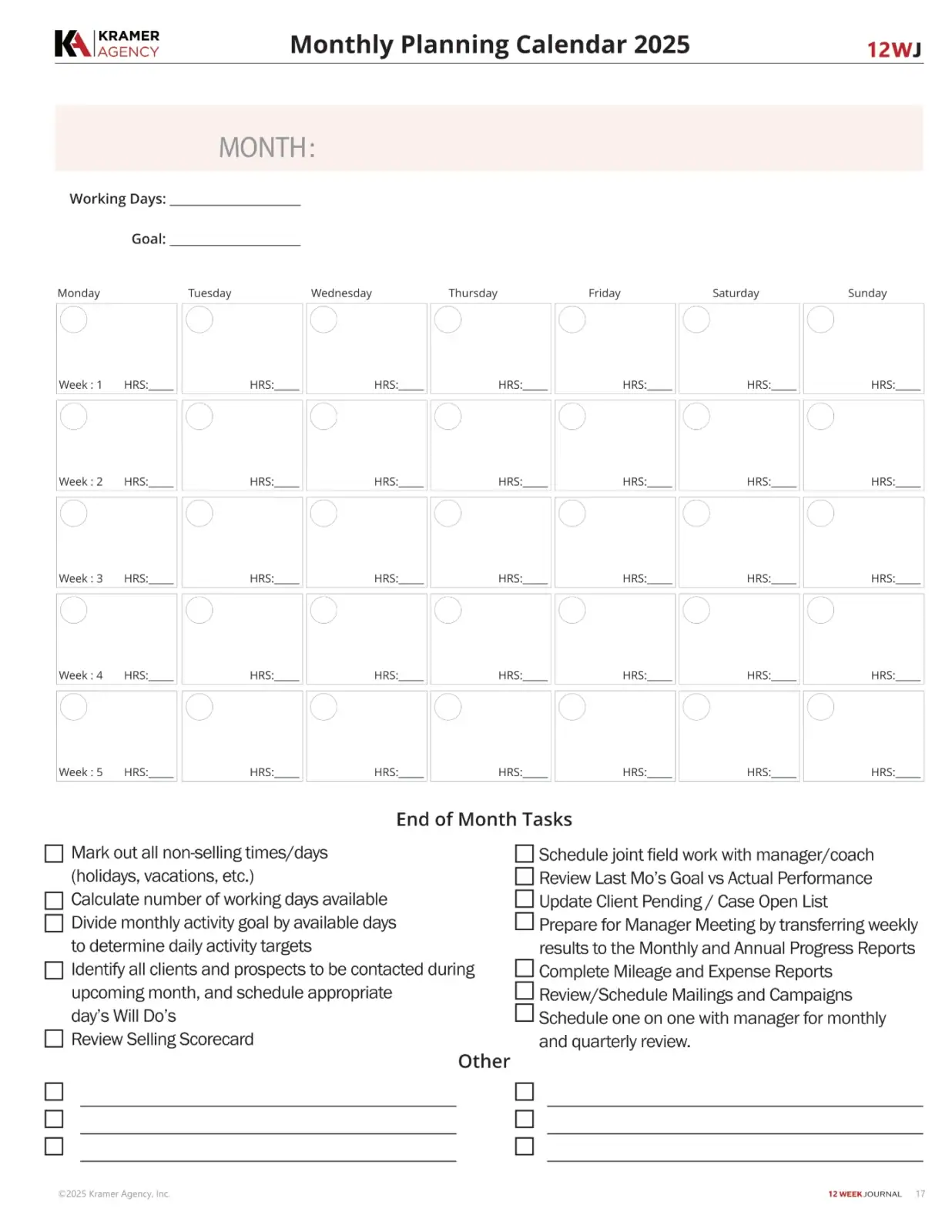 Monthly planning calendar template with sections for goals, working days, and tasks.