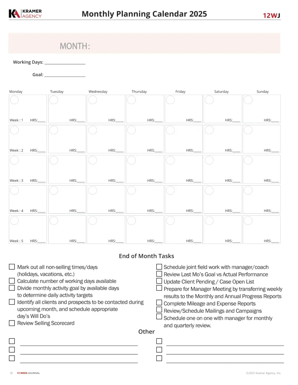 Monthly planning calendar for 2025 with space for goals, tasks, and schedule details.