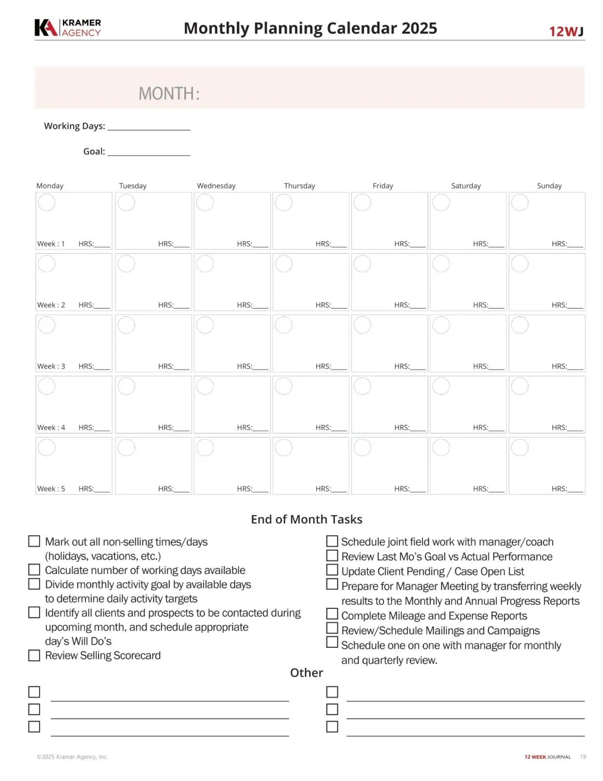 Monthly planning calendar template with sections for each week and task tracking.