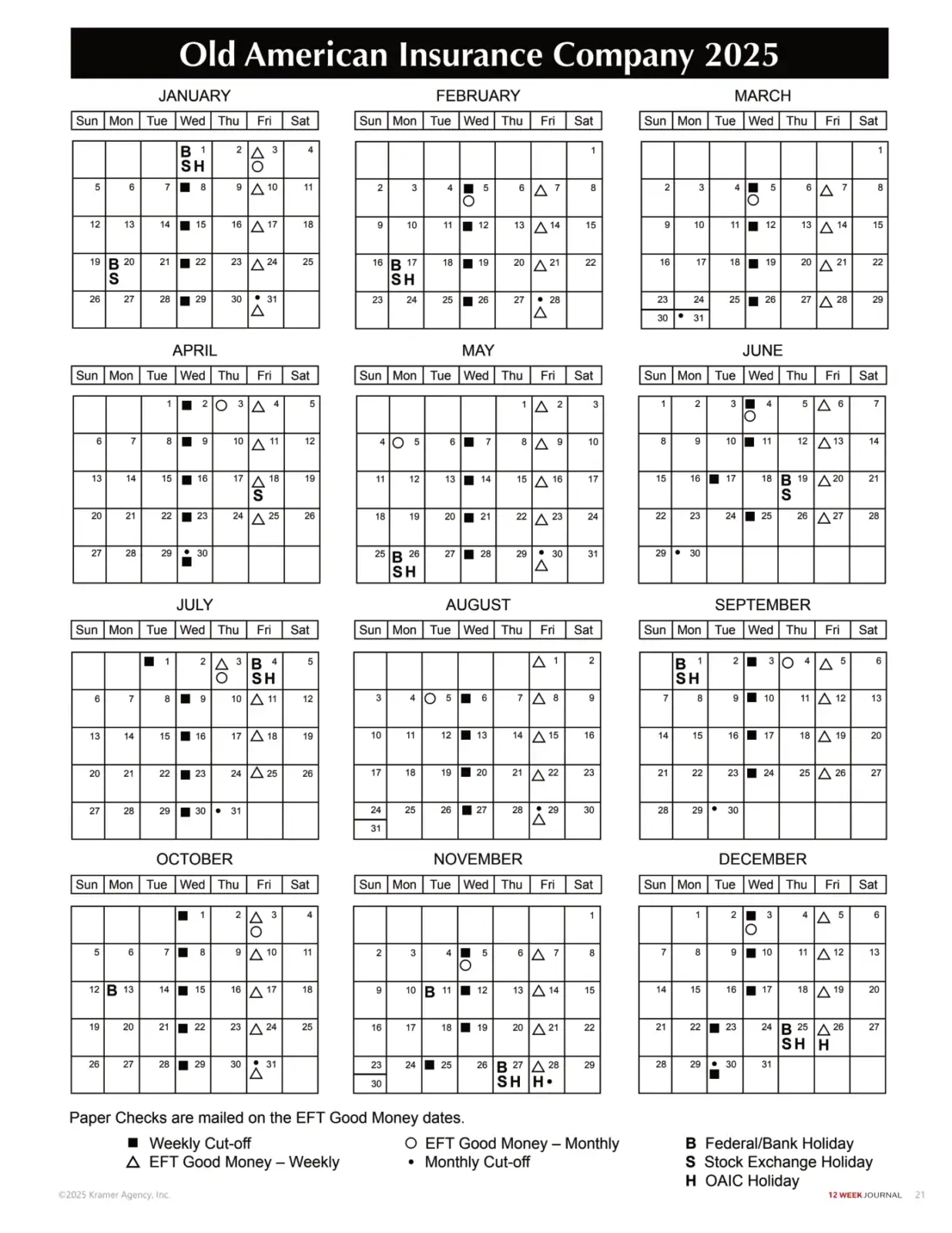2025 Old American Insurance Company calendar with holidays and payment dates.