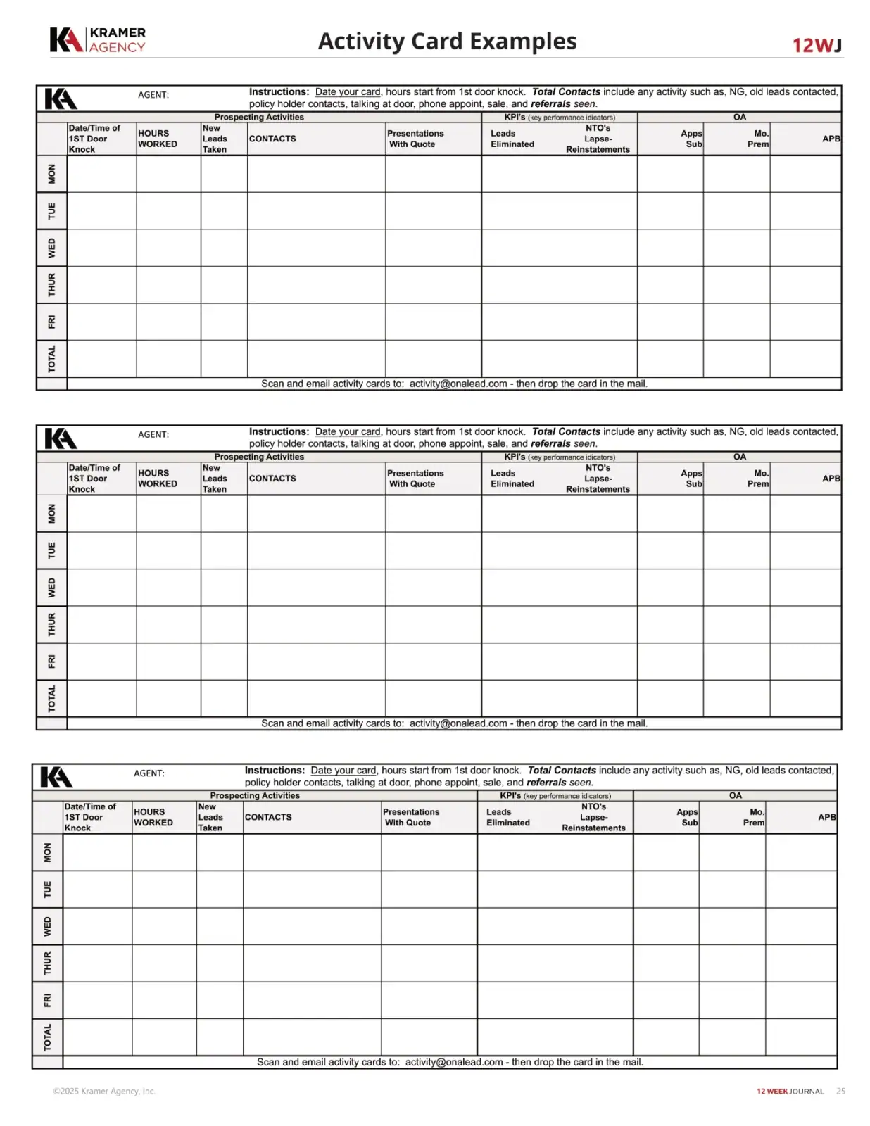 Sample activity card template with sections for agent, hours worked, contacts, and notes.