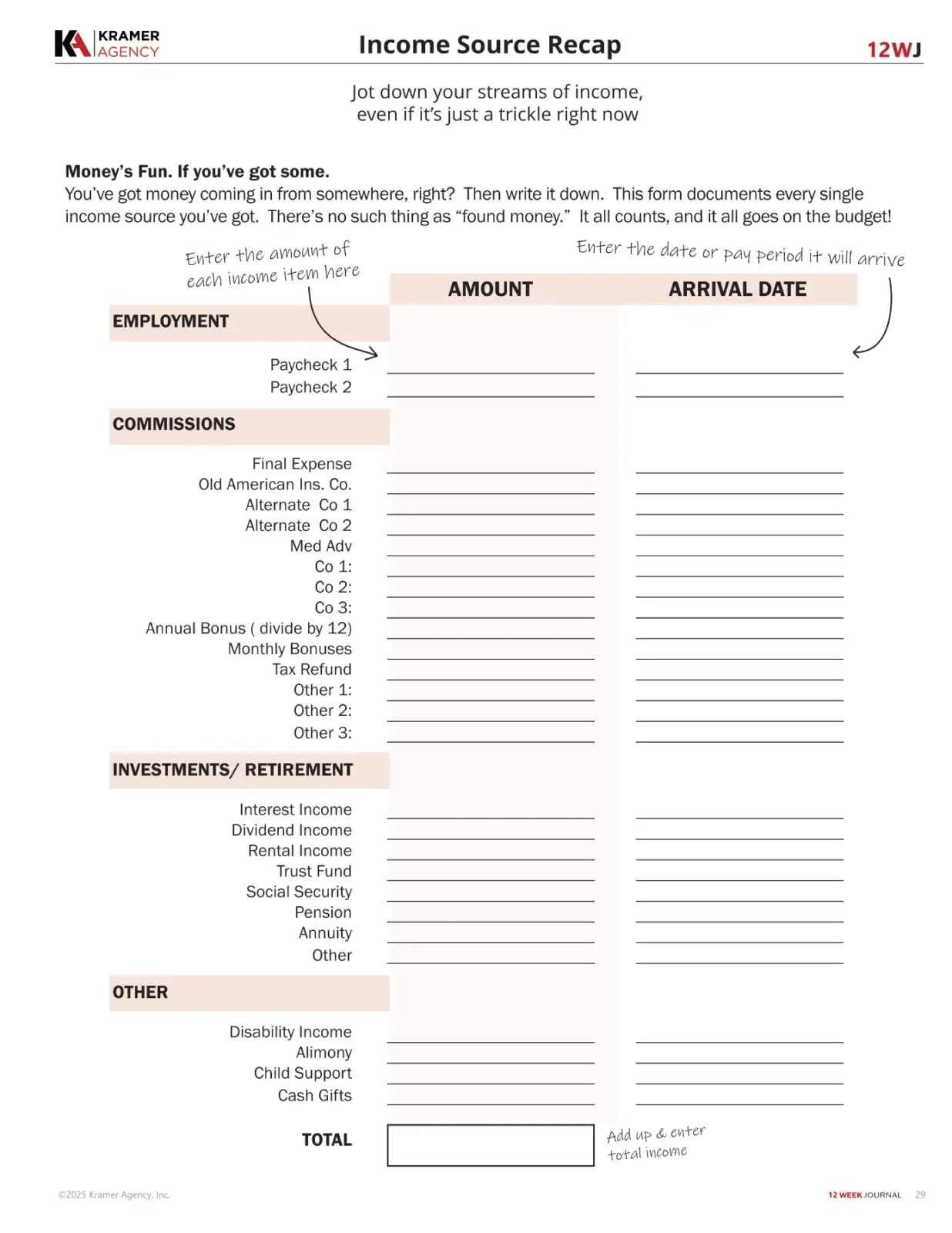 Financial income and expense report template with sections for income sources and totals.