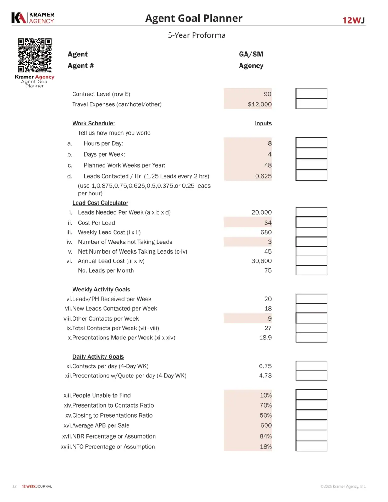 Agent goal planner with 5-year proforma, work schedule, lead cost calculator, and activity goals.