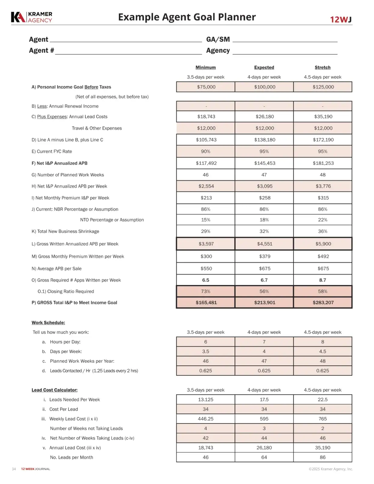 Example agent goal planner sheet with financial and activity targets.